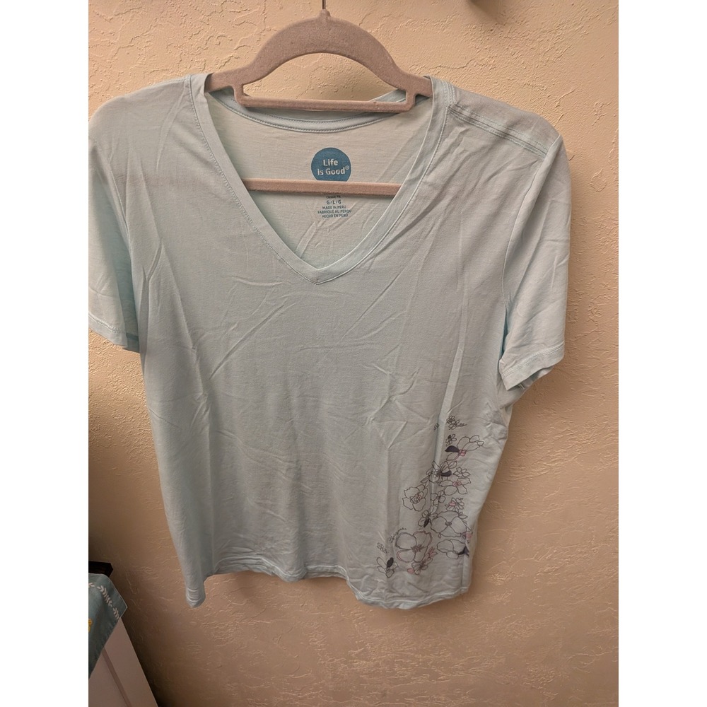 Life is Good Womens Light Blue Floral V-Neck Short Sleeve T-Shirt Size Large